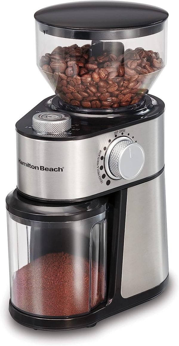 Hamilton Beach Electric Burr Coffee Grinder - Offers 18 grind settings from extra-fine to coarse with adjustable quantities from 2 to 14 cups of coffee. The large hopper holds 2 cups of whole coffee beans - 80385 Sale